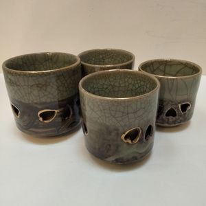 Somayaki Tea Cups Vtg 50's Japan Double Wall Insulated Horse Green Gold Set of 4